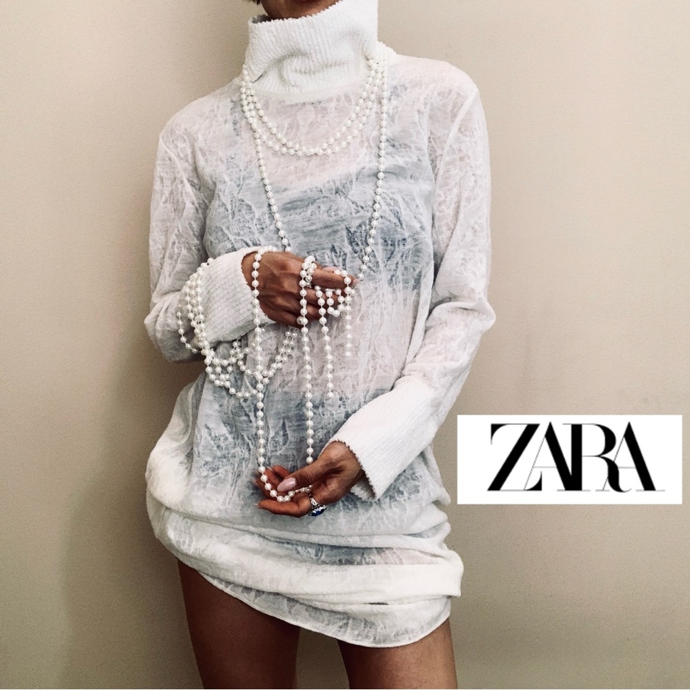 Zara White Sheer Lace Turtleneck Sweater